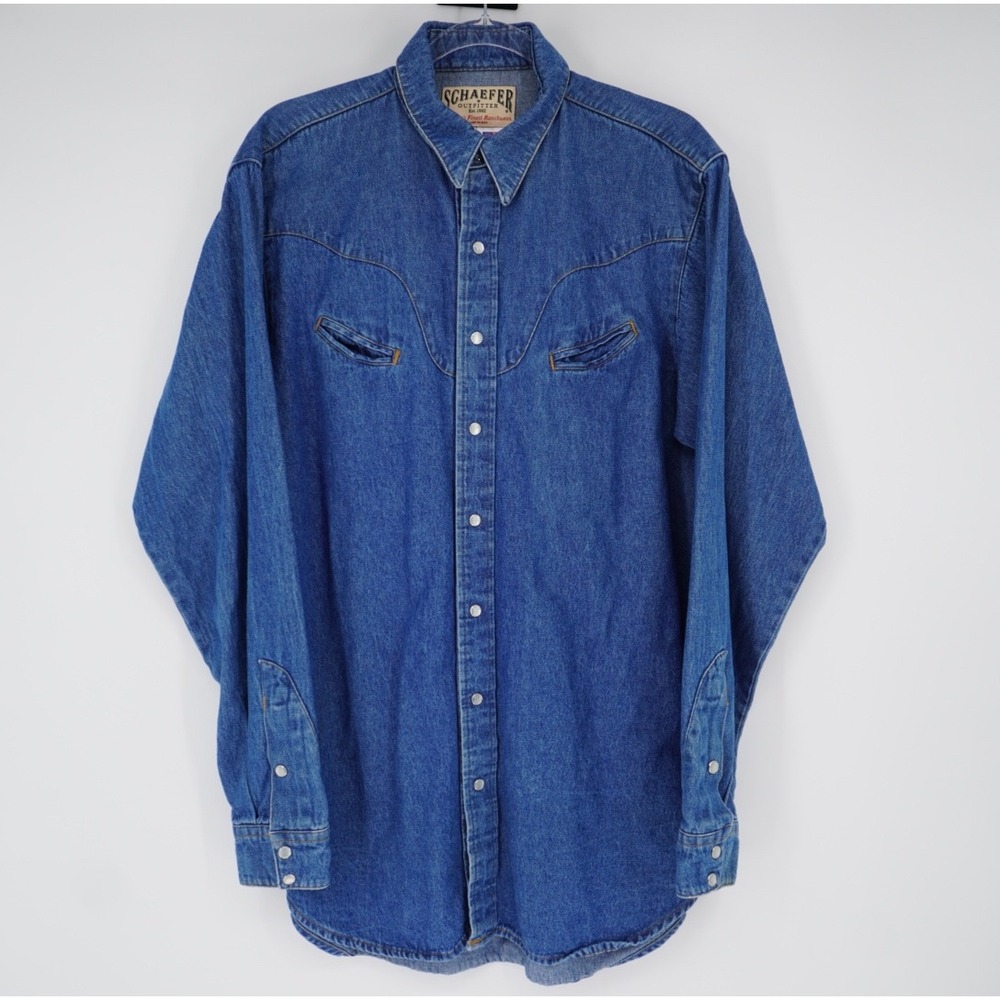 Schaefer Outfitter Mens Cowboy Western Denim Shirt Blue Pearl Snap Large USA